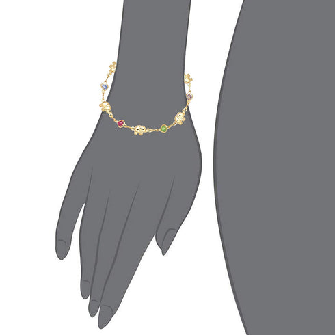Illustration of a gray hand wearing the Good Luck Elephant Bracelet with multicolor birthstones, featuring a refined gold-filled design adorned with red, blue, and green gemstones. The bracelet's simple and elegant style enhances the wrist beautifully.